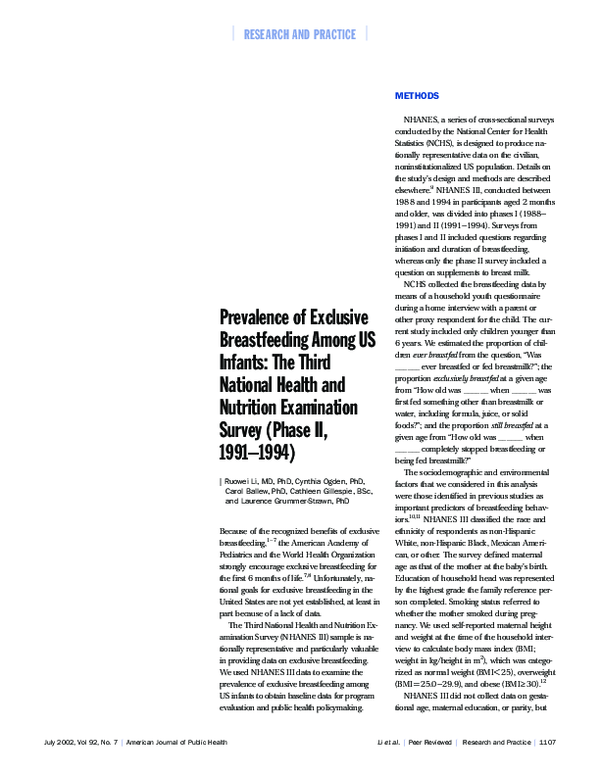(PDF) Prevalence of Exclusive Breastfeeding Among US Infants: The Third ...