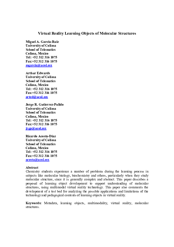 (PDF) Virtual reality learning objects of molecular structures