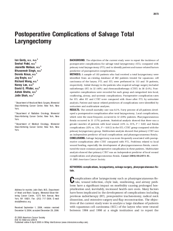 (PDF) Postoperative complications of salvage total laryngectomy