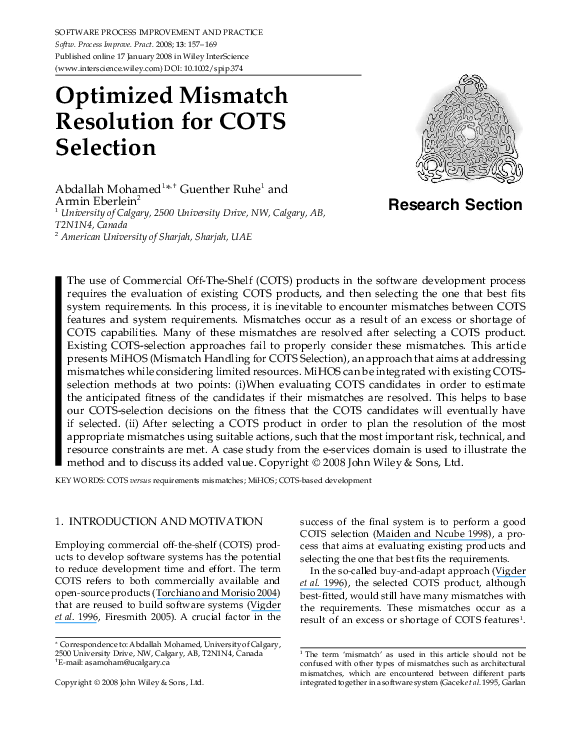 (PDF) Optimized mismatch resolution for COTS selection Abdallah