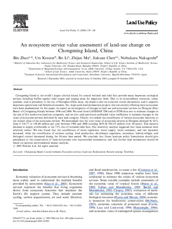 (PDF) An ecosystem service value assessment of land-use change on ...