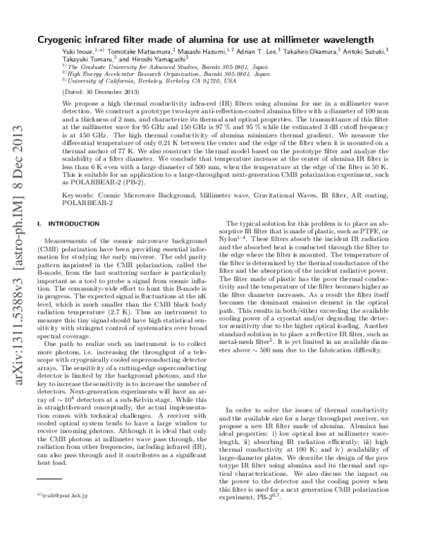 (PDF) Cryogenic infrared filter made of alumina for use at millimeter ...