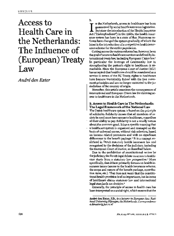 (PDF) Access to Health Care in het Netherlands : The Influence of ...
