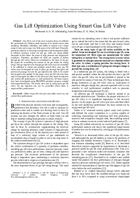 (PDF) Gas Lift Optimization Using Smart Gas Lift Valve