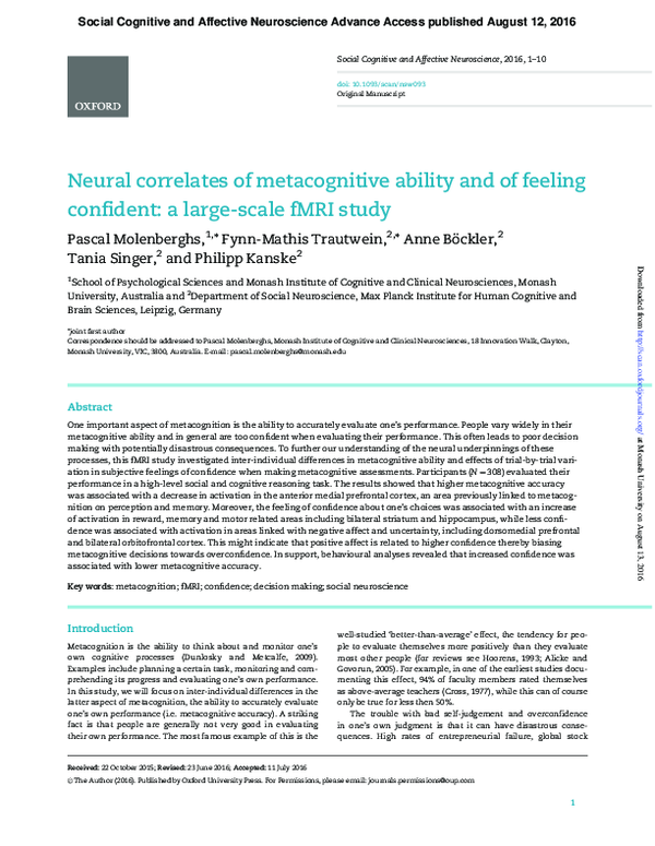 (PDF) Neural correlates of metacognitive ability and of feeling ...