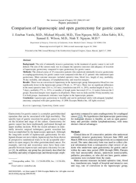 (PDF) Comparison of laparoscopic and open gastrectomy for gastric cancer