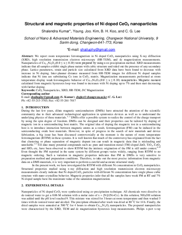 (PDF) Structural and Magnetic Properties of Co Doped CeO NanoParticles