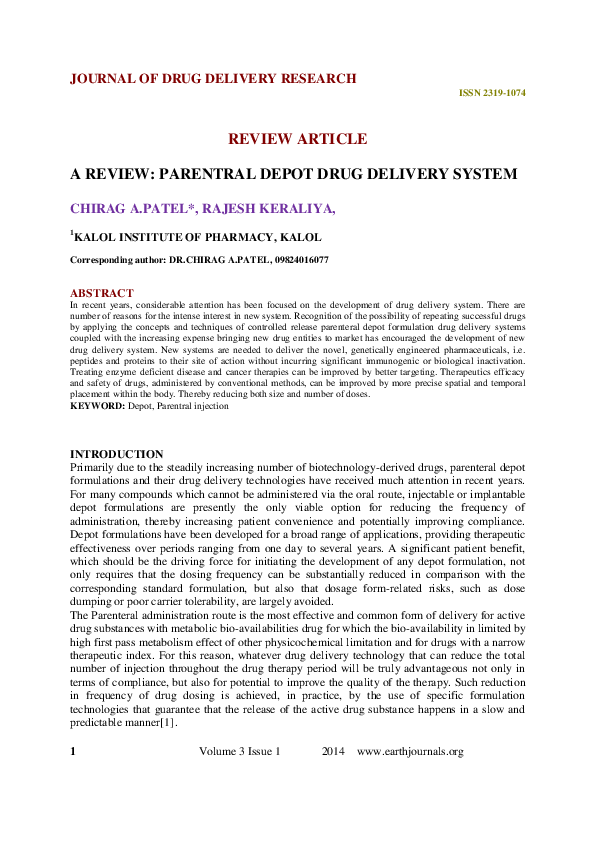(PDF) JOURNAL OF DRUG DELIVERY RESEARCH A REVIEW: PARENTRAL DEPOT DRUG