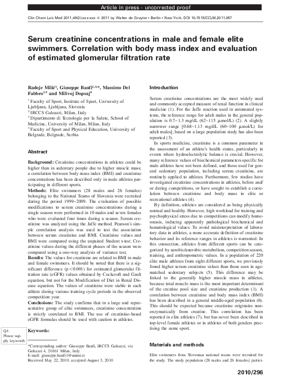 (PDF) Serum creatinine concentrations in male and female elite swimmers ...