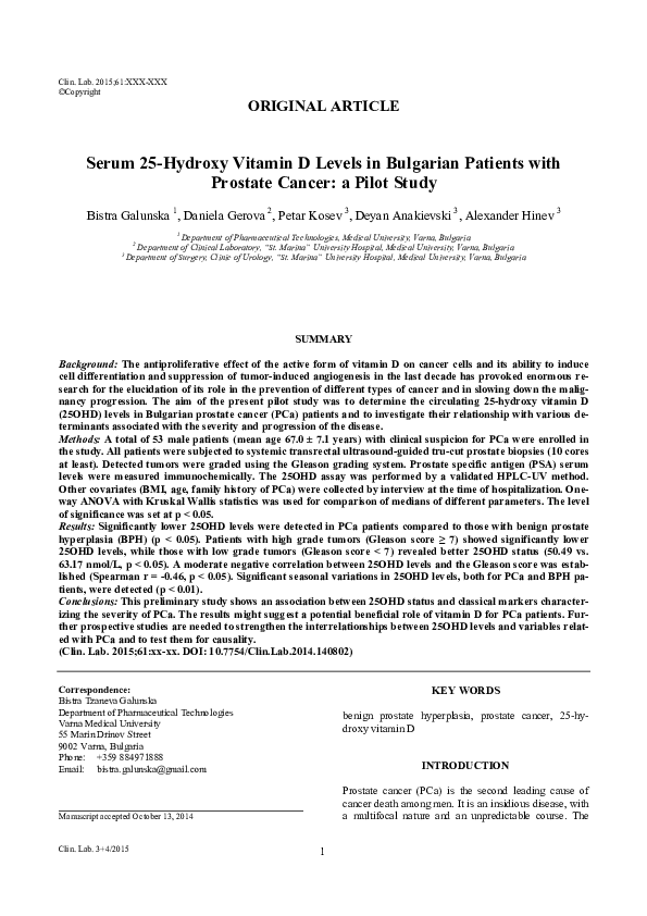 (PDF) Serum 25-Hydroxy Vitamin D Levels in Bulgarian Patients with ...