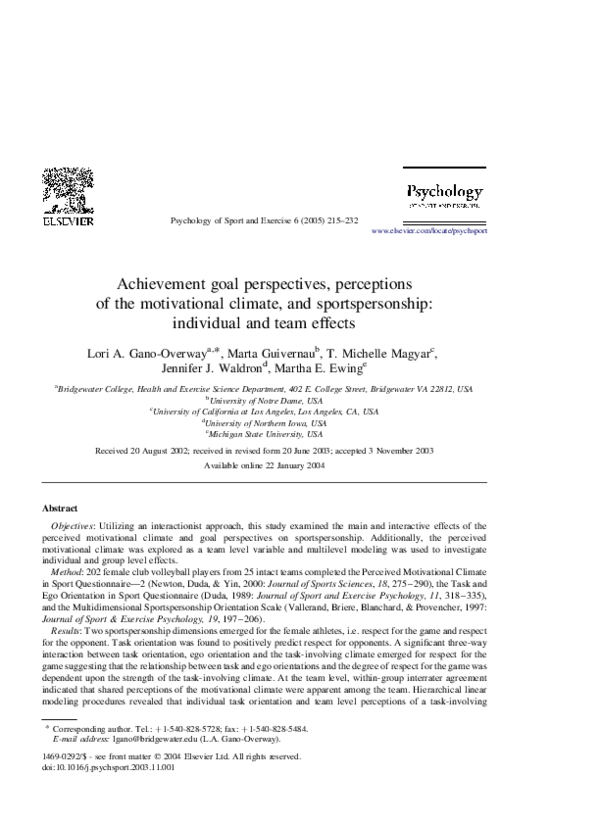 (PDF) Achievement goal perspectives, perceptions of the motivational ...