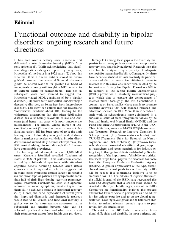 (PDF) Functional outcome and disability in bipolar disorders: ongoing ...