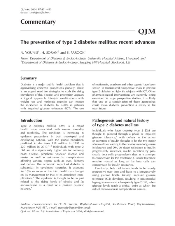 (PDF) The prevention of type 2 diabetes mellitus: recent advances