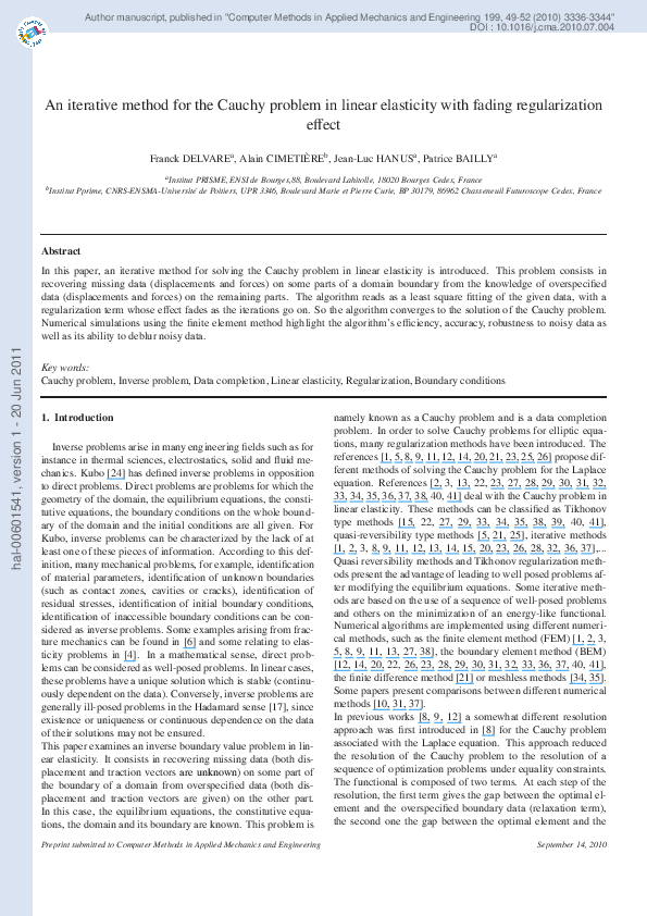 (PDF) An iterative method for the Cauchy problem in linear elasticity ...