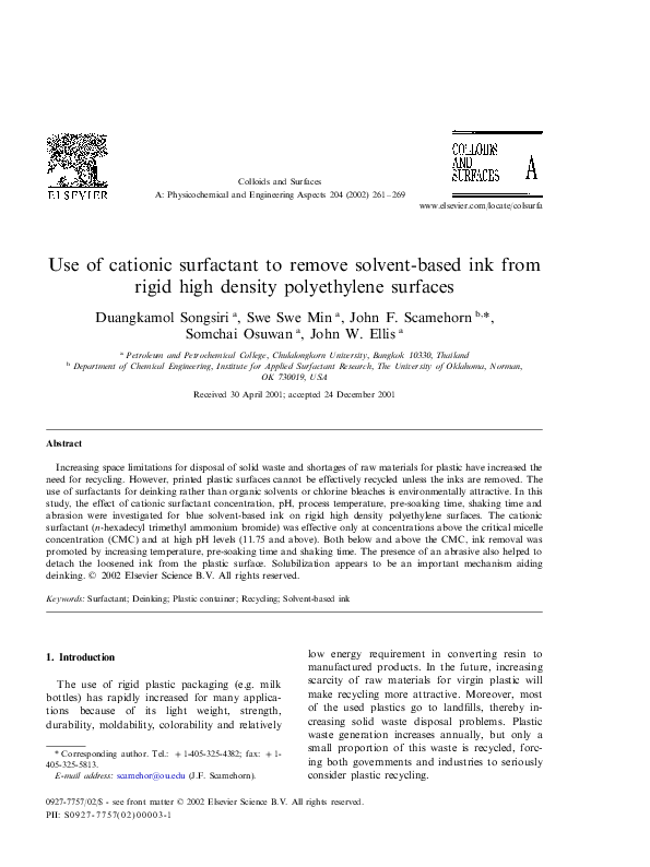 (PDF) Use of cationic surfactant to remove solvent-based ink from rigid ...