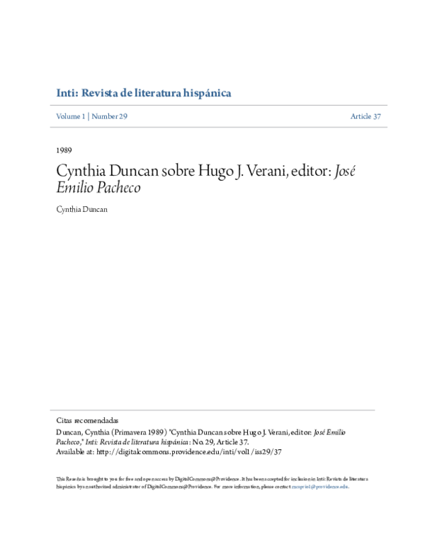 (PDF) Cynthia Duncan sobre Hugo J. Verani, editor: José Emilio Pacheco