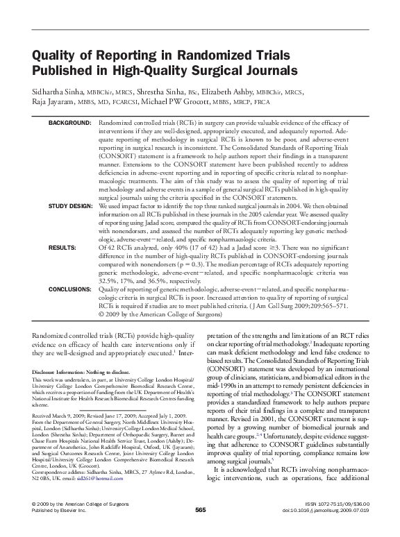 (PDF) Quality of Reporting in Randomized Trials Published in High ...