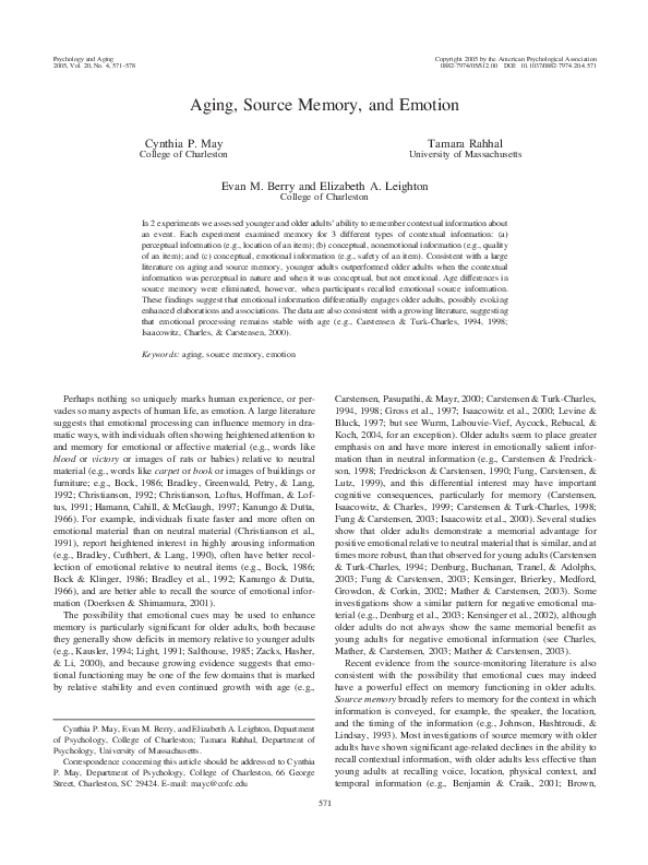 (PDF) Aging, Source Memory, and Emotion