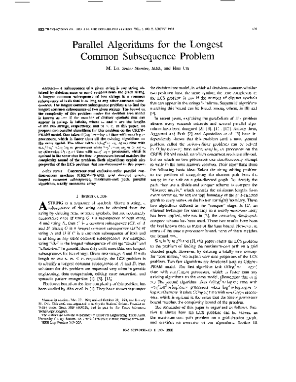 (PDF) Parallel algorithms for the longest common subsequence problem