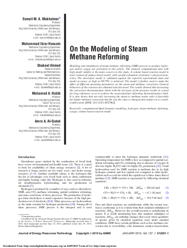 (PDF) On the Modeling of Steam Methane Reforming