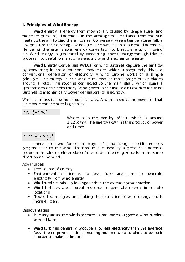 (DOC) I. Principles of Wind Energy