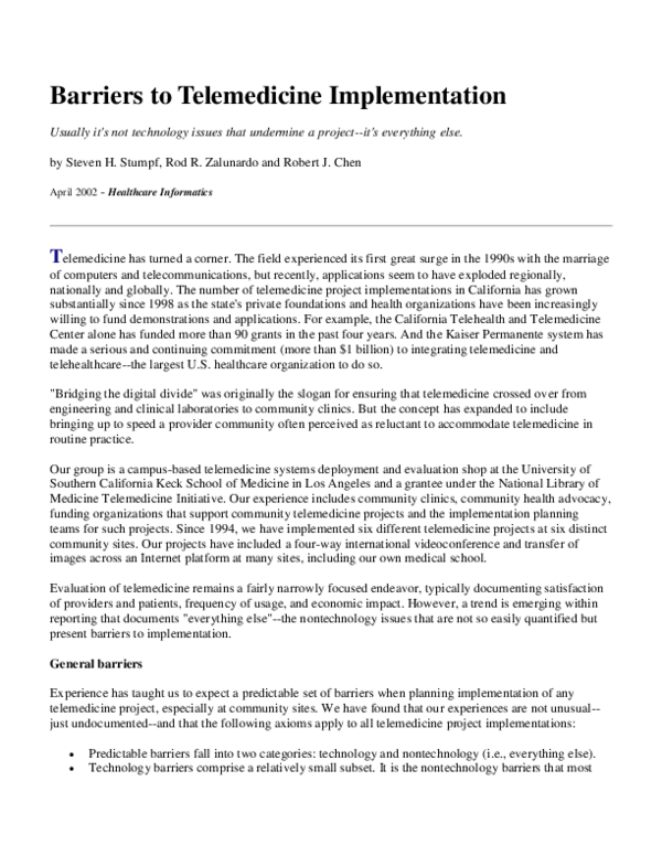 (PDF) Barriers to telemedicine implementation. Usually it's not