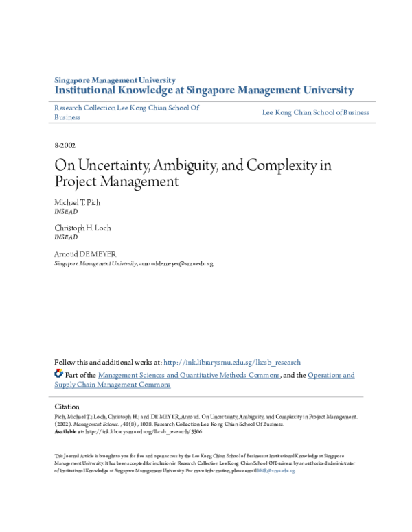 (PDF) On Uncertainty, Ambiguity, and Complexity in Project Management ...