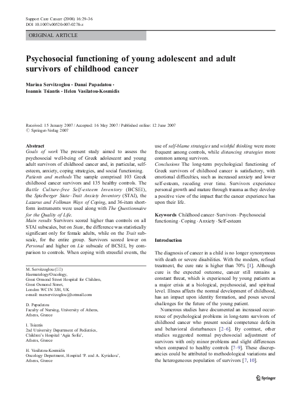(PDF) Psychosocial functioning of young adolescent and adult survivors ...