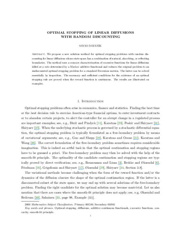 (PDF) Optimal Stopping of Linear Diffusions with Random Discounting