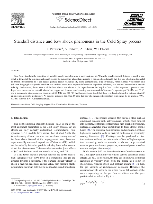 (PDF) Standoff distance and bow shock phenomena in the Cold Spray
