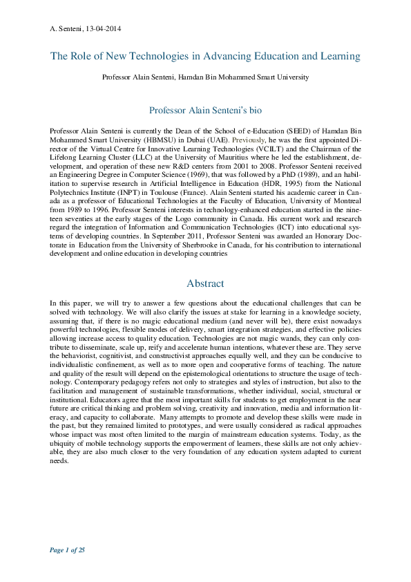 (PDF) The Role of New Technologies in Advancing Education and Learning