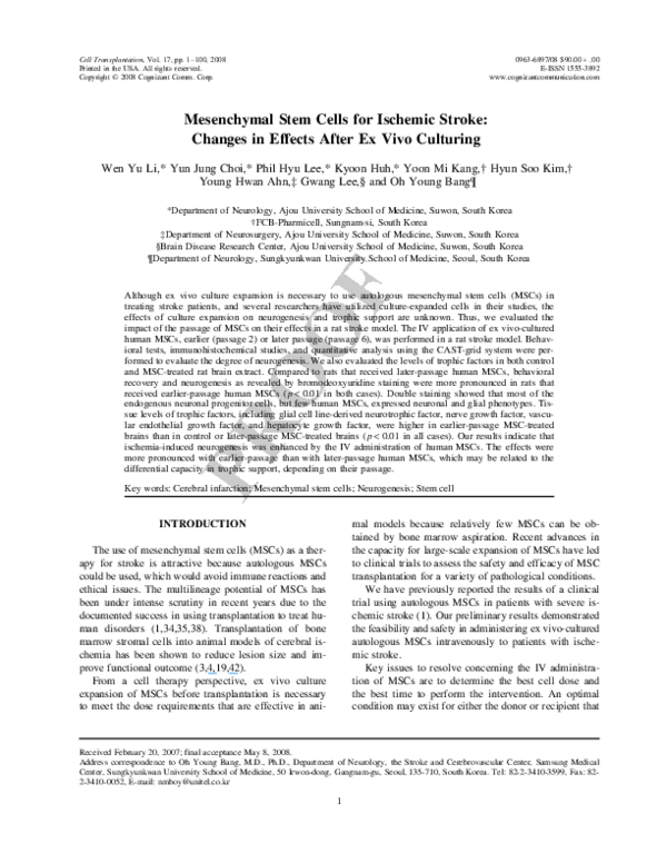 (PDF) Mesenchymal Stem Cells for Ischemic Stroke: Changes in Effects ...