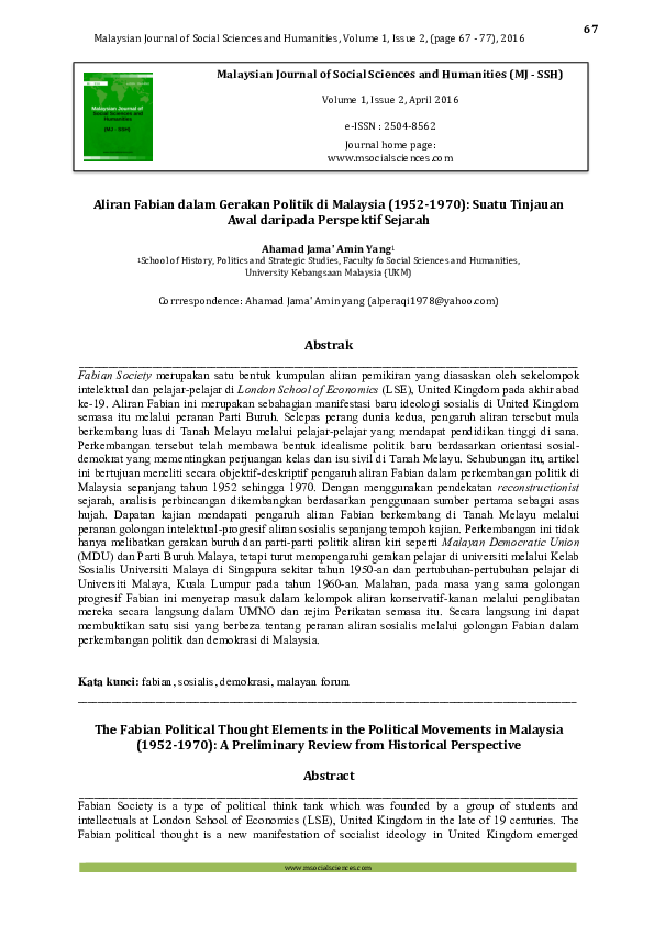 Pdf Aliran Fabian Dalam Gerakan Politik Di Malaysia 1952 1970 Suatu Tinjauan Awal Daripada Perspektif Sejarah Dlm Malaysia Journal Of Social Sciences And Humanities Mj Ssh Vol 1 2 April 2016 67 77 Ahamad Jama Amin