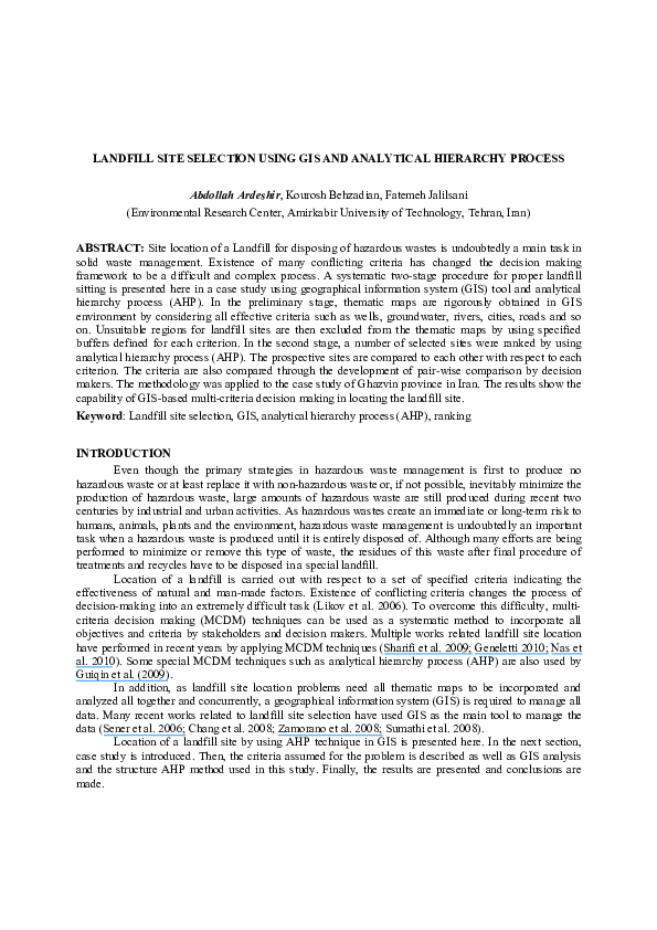 (PDF) Landfill Site Selection Using GIS and Analytical Hierarchy Process
