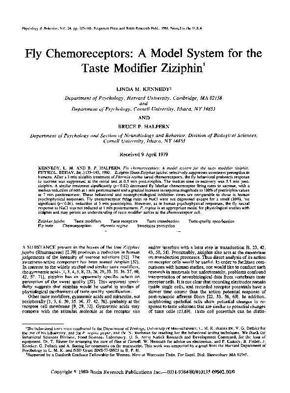 (PDF) Fly chemoreceptors: A model system for the taste modifier ziziphin