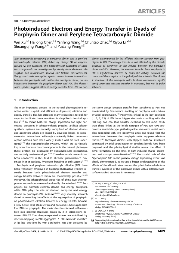 (PDF) Photoinduced Electron and Energy Transfer in Dyads of Porphyrin ...