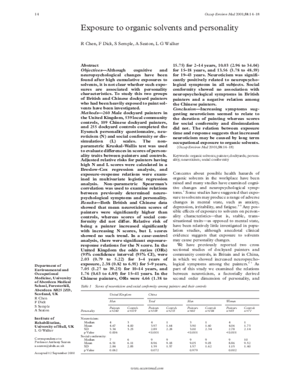 (PDF) Exposure to organic solvents and personality