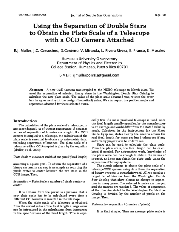 (PDF) Using the Separation of Double Stars to Obtain the Plate Scale of
