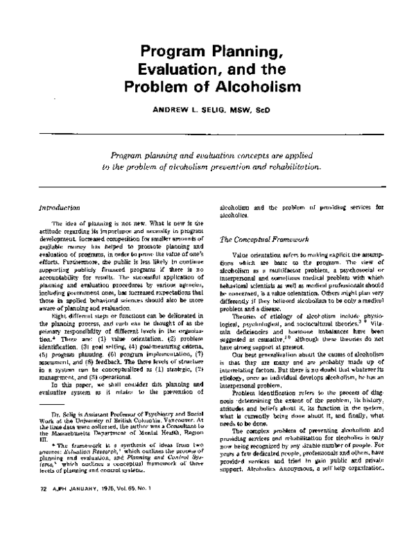 (PDF) Program planning, evaluation, and the problem of alcoholism.