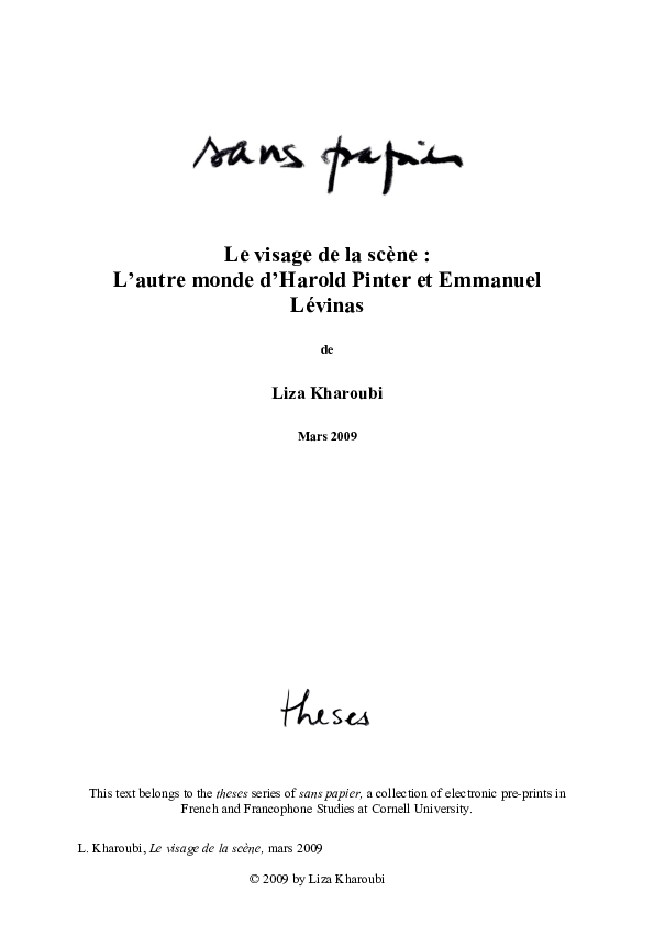 Pdf Le Visage De La Scene L Autre Monde D Harold Pinter Et Emmanuel Levinas Liza Kharoubi Echenique Academia Edu