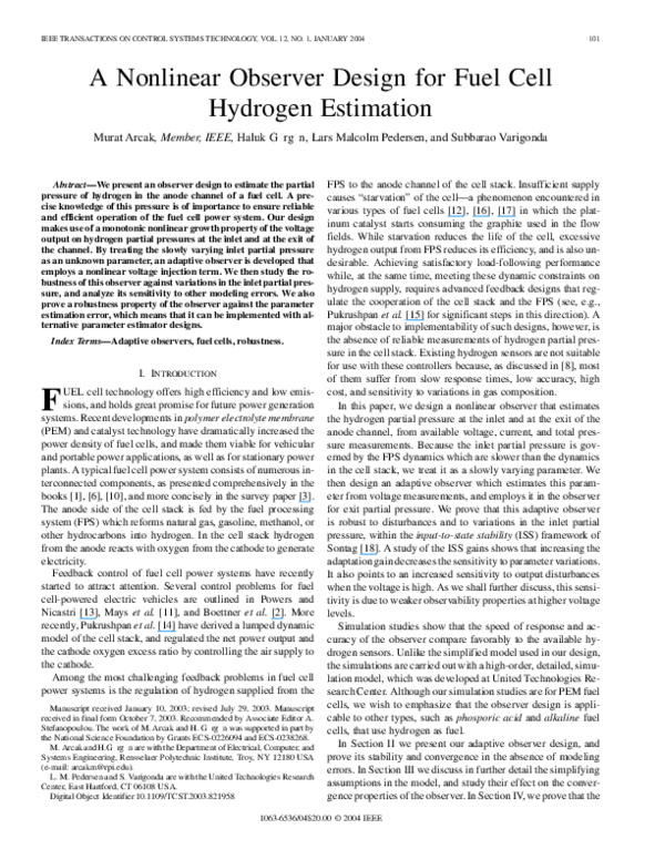 (PDF) A nonlinear observer design for fuel cell hydrogen estimation