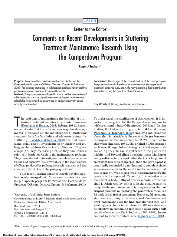 (PDF) Comments on Recent Developments in Stuttering Treatment