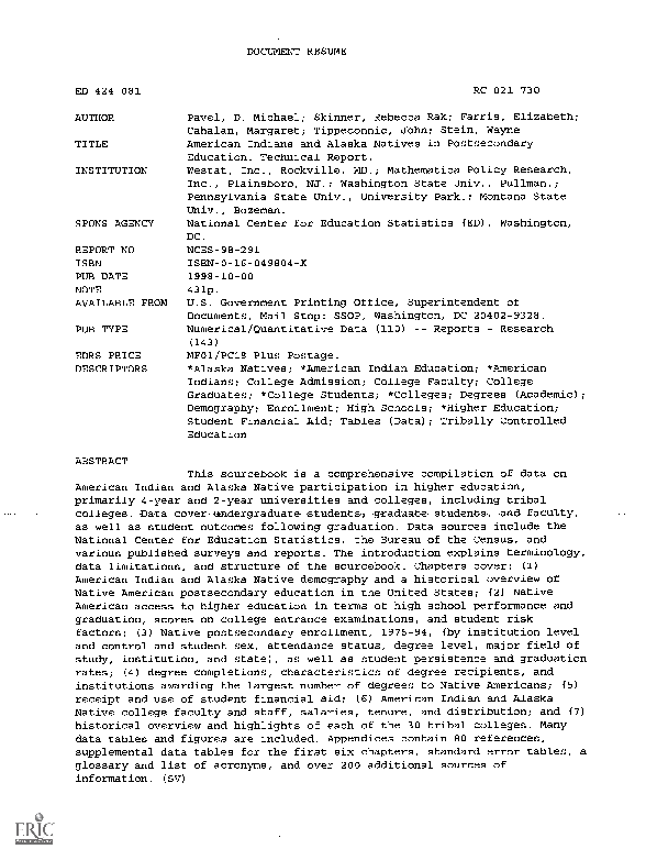 (PDF) American Indians and Alaska Natives in Postsecondary Education