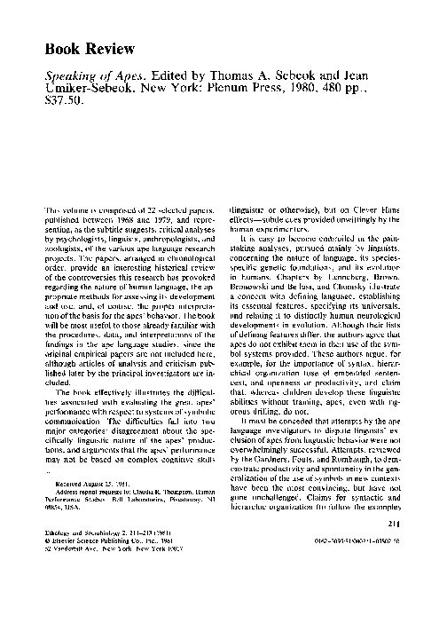 (PDF) Speaking of apes Edited by Thomas A. Sebeok and Jean Umiker-Sebeok