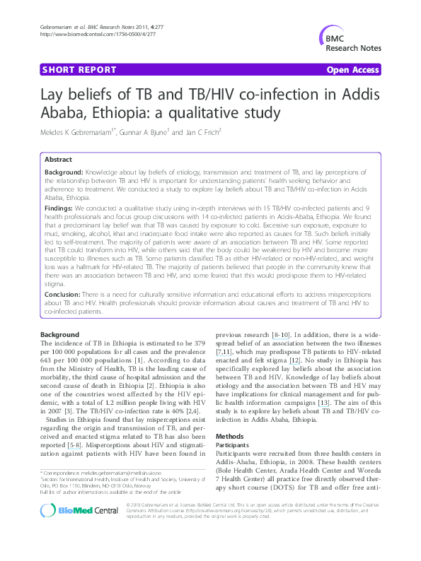 (PDF) Lay beliefs of TB and TB/HIV co-infection in Addis Ababa ...