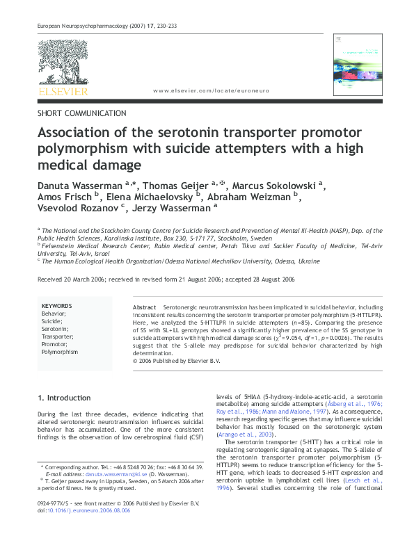 (PDF) Association of the serotonin transporter promotor polymorphism ...