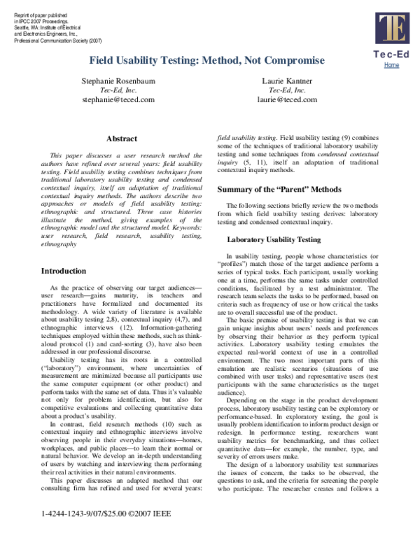 (PDF) Field Usability Testing: Method, Not Compromise