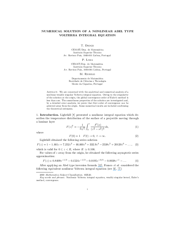 (PDF) Numerical solution of a nonlinear Abel type Volterra integral ...