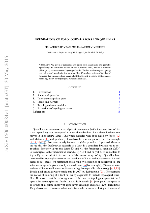 (PDF) Foundations of topological racks and quandles Mohamed Elhamdadi