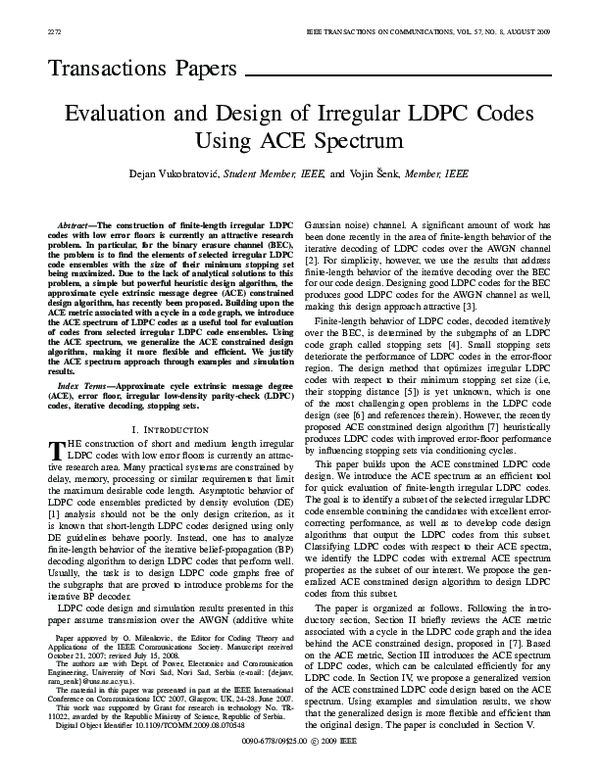 (PDF) Transactions papers evaluation and design of irregular LDPC codes ...
